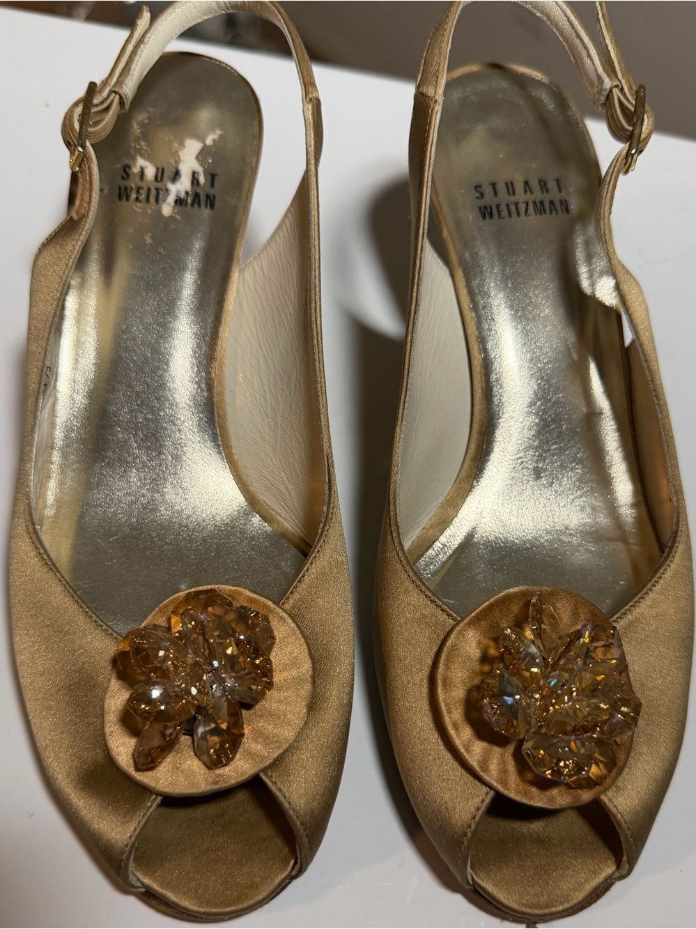 Stuart Weitzman Gold Satin Crystal Flower Peep Toe Slingback Heels 5.5